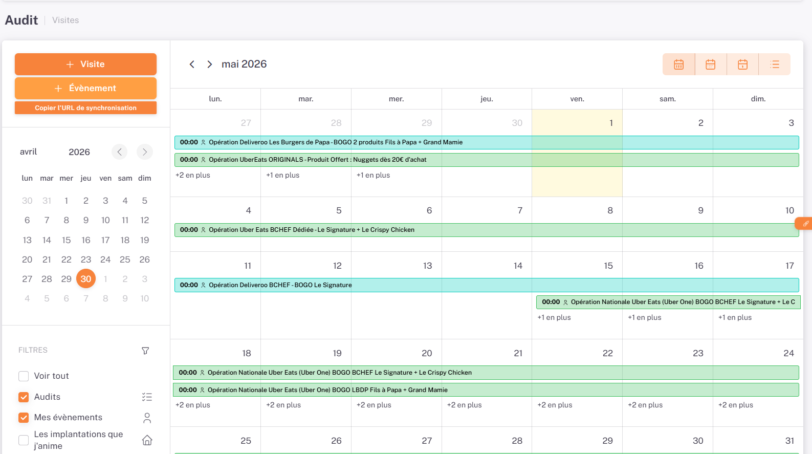 Calendrier des visites